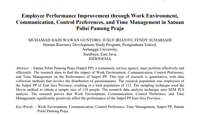 Employee Performance Improvement through Work Environment, Communication, Control Preferences, and Time Management in Satuan Polisi Pamong Praja